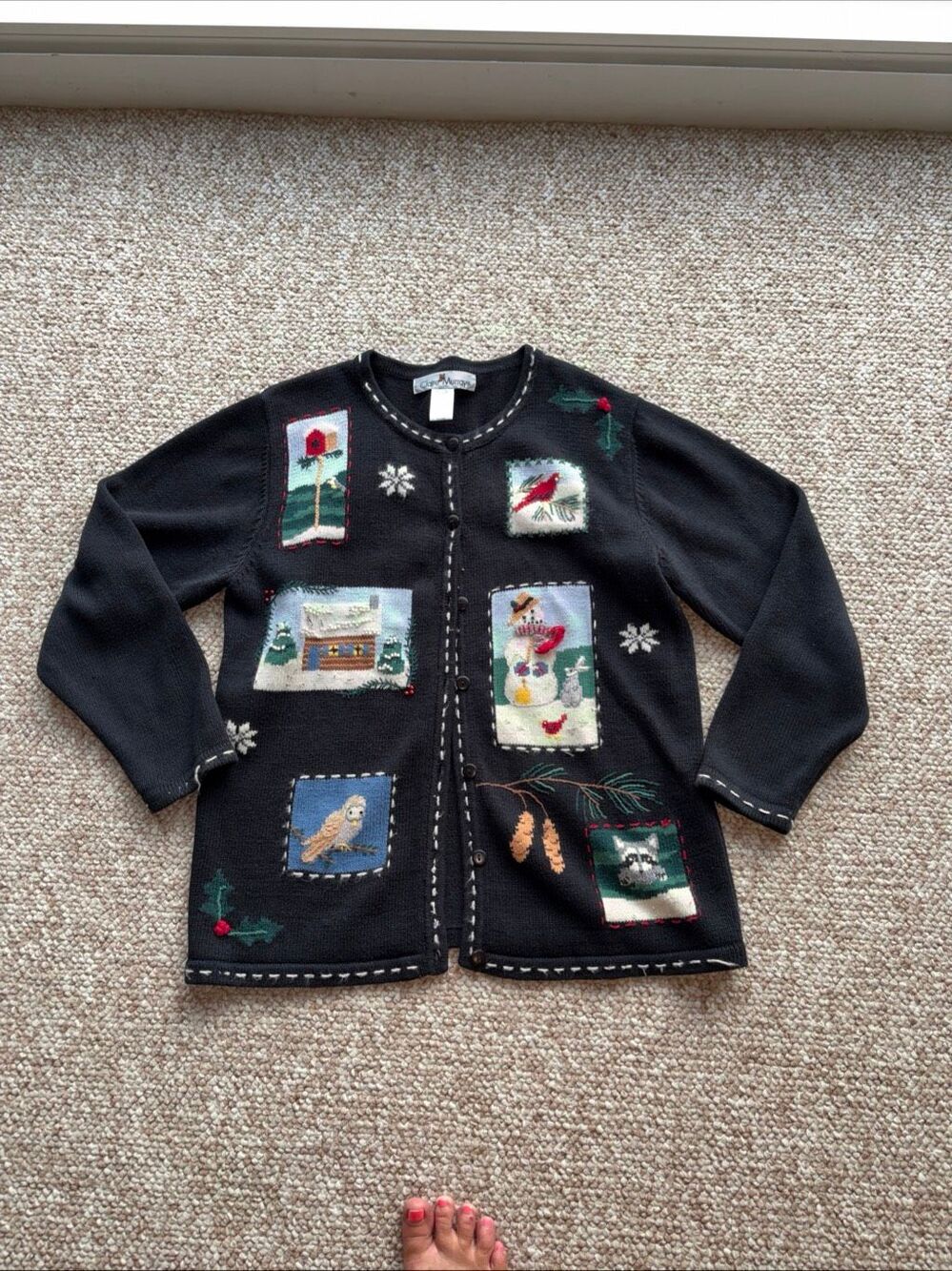 Vintage Claire Murray Cottage Raccoon Owl  Sweater Womens Medium Round Neck EUC
